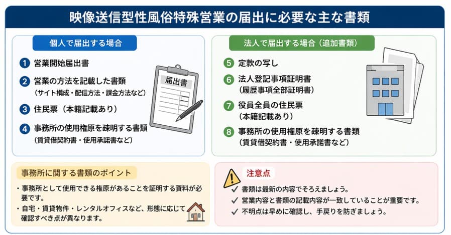 映像送信型性風俗特殊営業の届出に必要な主な書類一覧（届出書・住民票・事務所使用権原書類・法人書類）