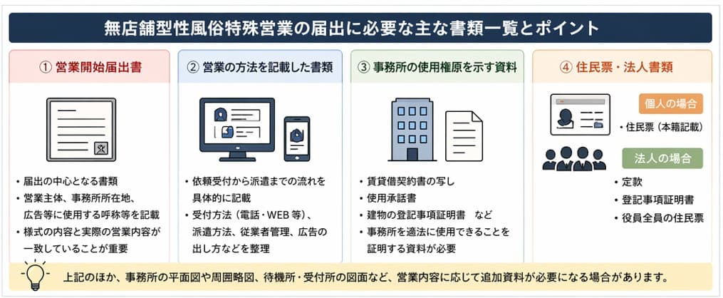 無店舗型性風俗特殊営業の届出に必要な主な書類一覧と各書類のポイント