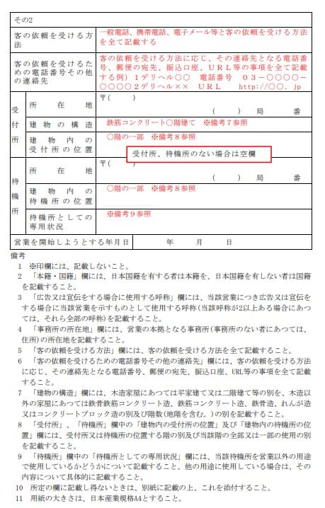 無店舗型性風俗特殊営業 営業開始届出書サンプル（2枚目）